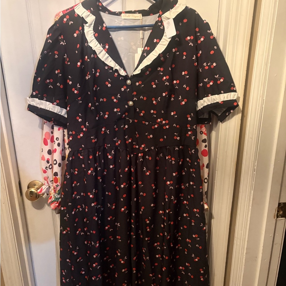 Cherry Print Black Dress